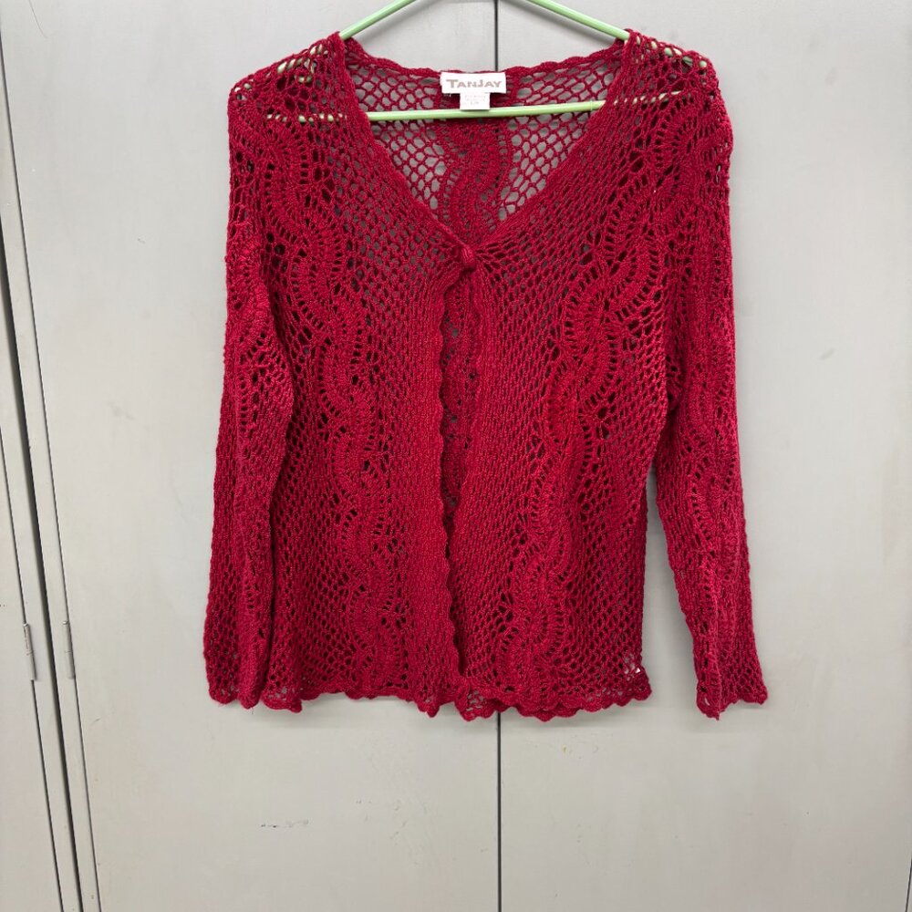 VTG Red Y2K TanJay Crochet Knit Button Summe Fairy Cardigan Long Sleeve Sz Large